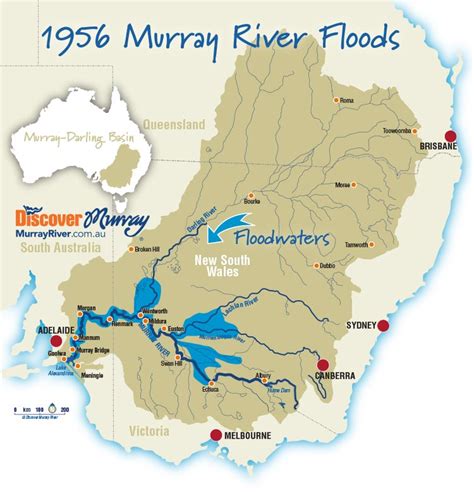The 1956 <b>Murray</b> <b>River</b> <b>flood</b> involved the rising of waters in the <b>Murray</b> <b>River</b> and flooding of many towns in New South Wales, Victoria and South Australia. . Murray river flood levels history